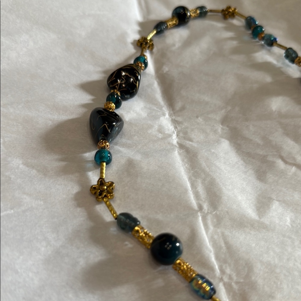 Elegant Blue and Gold toneBeaded Necklace